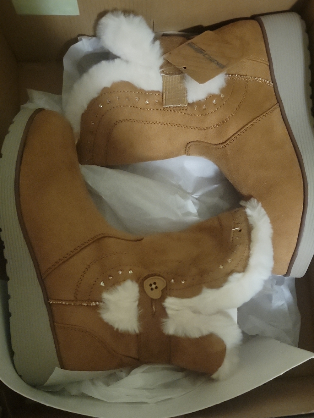 Skechers Girl’s Tan Faux-Fur Winter Boots - Cozy Slip-On Ankle Booties- Size 2